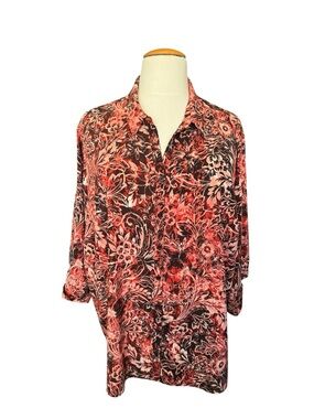 Catherines 4X Floral Button Down Blouse Red Black Stretch Plus Size 30/32W Y97